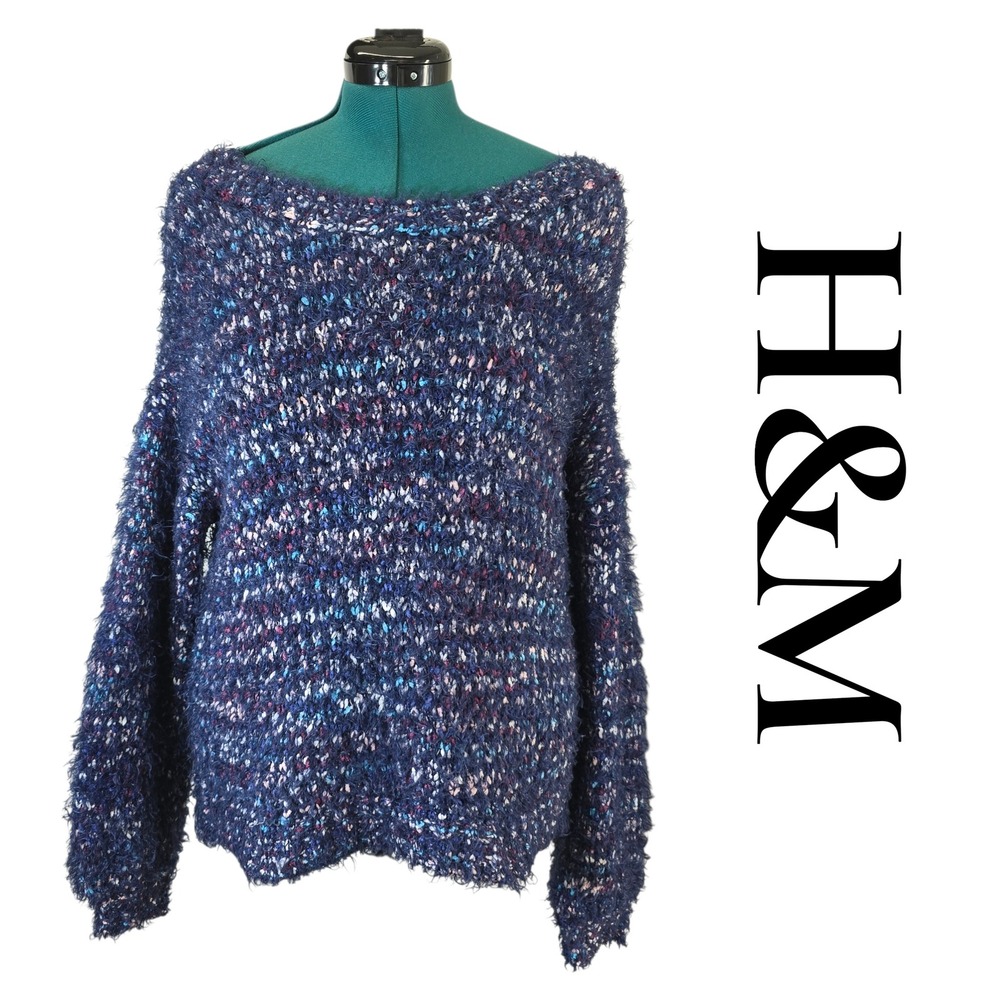 H&M Sweater Womens L Blue Polyester Eyelash Knit Fuzzy Pullover‎ Confetti Boho